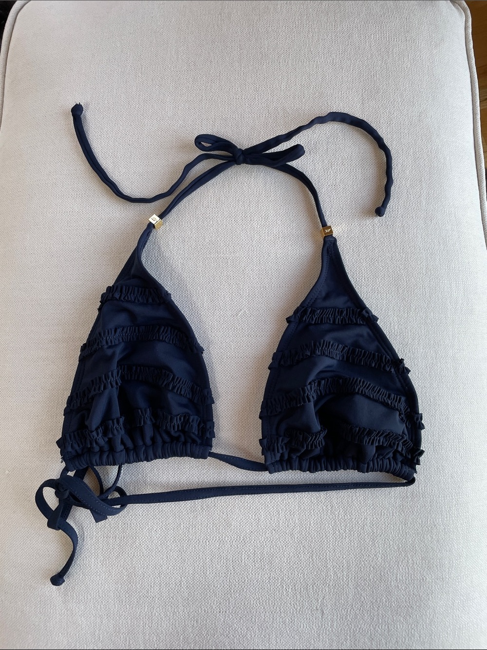 Tommy Hilfiger women’s Navy Ruffled Triangle Bikini Top, Large